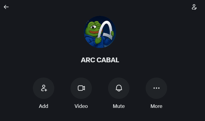 A screenshot of a video call interface showing a group titled "ARC CABAL" with a Pepe avatar holding a scythe, featuring Add, Video, Mute, and More options, representing the exclusive KOL group mentioned in the post for discussing the upcoming Arc mainnet launch on September 16th.