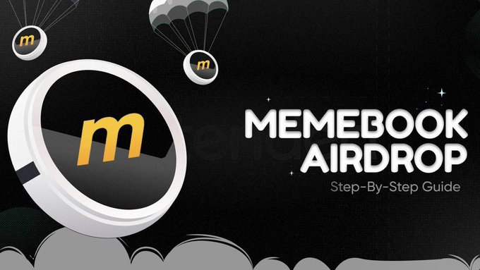 Promotional graphic for a 'MEMEBOOK AIRDROP Step-By-Step Guide' featuring a coin with the letter 'm' being dropped by parachute.
