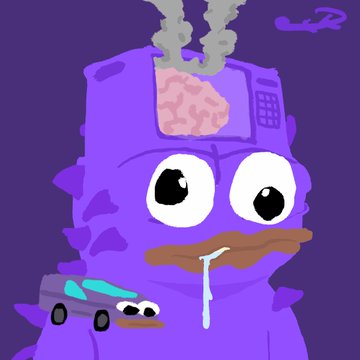 A purple cartoon character with wide eyes, an exposed brain on top, and drool, with a small car character nearby on a dark purple background.