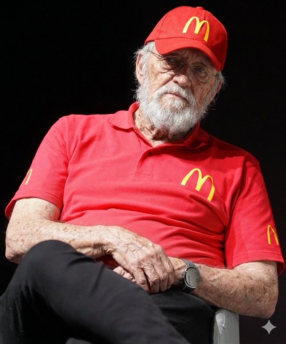 The image features an older man wearing a red McDonald's polo shirt, a red hat with a yellow "M", and a black watch. He appears to be sitting down or leaning back in a chair. The background of the photo is dark, which contrasts with the bright colors of his clothing and draws attention to him. There are no other objects or people visible in the image, making it a simple yet striking composition that highlights the man's attire and posture.