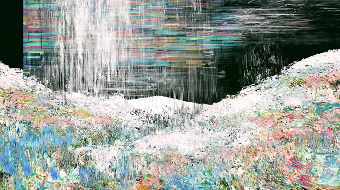 An abstract piece depicting a colorful, textured landscape of white, pink, and blue beneath a glitchy, pixelated black and white sky.