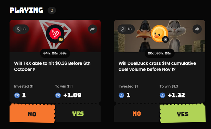 A prediction market interface labeled 'PLAYING' showing two active bets: 'Will TRX able to hit $0.36 Before 6th October?' and 'Will DuelDuck cross $1M cumulative duel volume before Nov 1?'