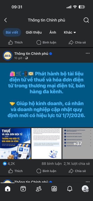 Screenshot of a Vietnamese Facebook post from "Thông tin Chính phủ" (Government Information) page, dated 10 giờ, announcing the release of electronic tax and invoice documents for e-commerce and multi-channel sales, effective 1/7/2026, with 4.2K likes, 88 comments, and 2.1K shares. The post shows three attached document images previewing the new tax regulations, supporting the caption's reminder to declare income from sources like paid X (Twitter) or affiliate activities in tax filings.