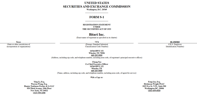 This image shows the cover page of a Securities and Exchange Commission (SEC) Form S-1 Registration Statement for Bitari Inc. (Texas), filed by CEO Chung Yun, with contact information for legal counsel from Hunter Taubman Fischer & LLC and Dickinson Wright PLLC, supporting the post's announcement of the company's $30M IPO plans for Bitcoin mining infrastructure expansion.