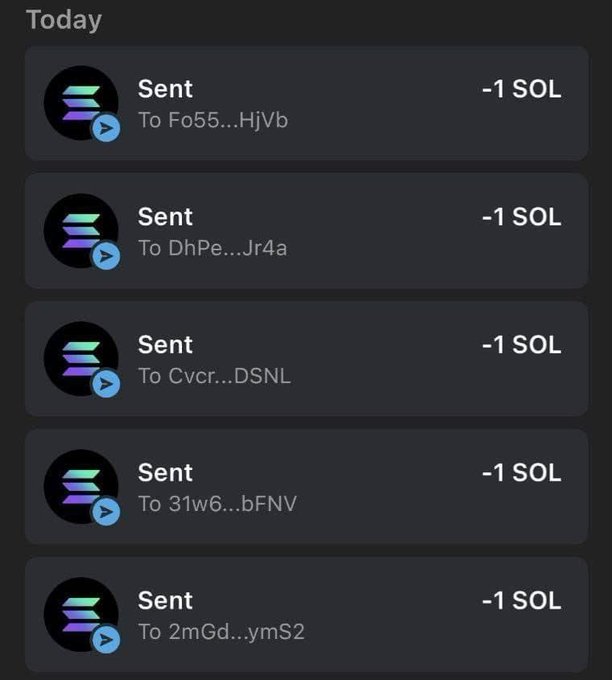 A screenshot of a cryptocurrency wallet transaction history showing five separate "Sent" transactions today, each for "-1 SOL" to different wallet addresses (Fo55...HjVb, DhPe...Jr4a, Cvcr...DSNL, 31w6...bFNV, 2mGd...ymS2). The image appears to be presented as "proof" of sending SOL to users, likely associated with a giveaway scam where users are asked to retweet and comment to participate.