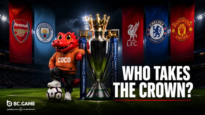 A BC.GAME sports betting promotional banner featuring Premier League team crests (Arsenal, Manchester City, Liverpool, Chelsea, Manchester United) and a 'COCO' mascot next to the EPL trophy with text 'WHO TAKES THE CROWN?'.