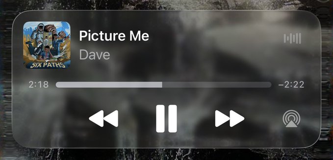 A music player interface showing the song 'Picture Me' by 'Dave' with playback controls, set against a blurred background.