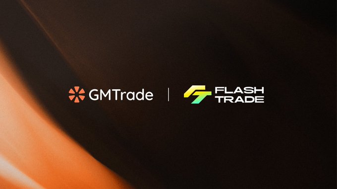 The image displays a co-branded graphic featuring the GMTrade logo alongside the FlashTrade logo, separated by a vertical line, against a dramatic black and orange background. This visual pairs the two trading platforms together to illustrate the public acquisition offer GMTrade has made for FlashTrade.