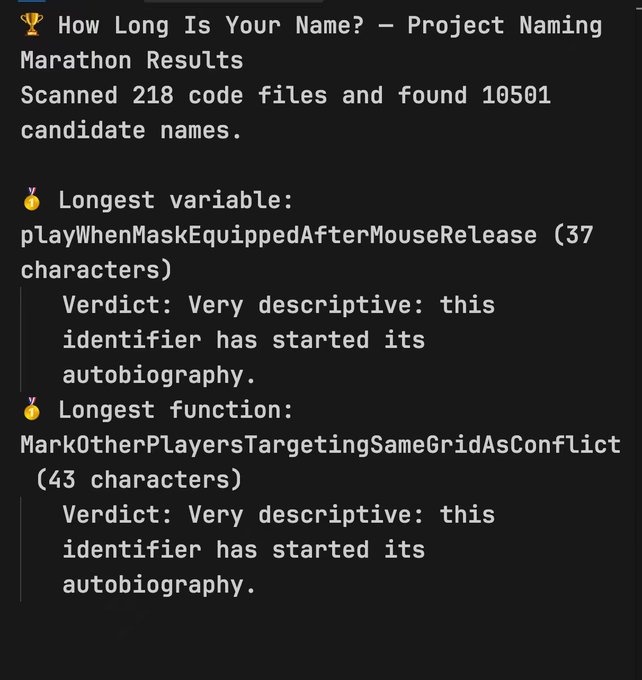 A screenshot titled 'How Long Is Your Name? - Project Naming Marathon Results' showing the longest variable 'playWhenMaskEquippedAfterMouseRelease' (37 characters) and longest function 'MarkOtherPlayersTargetingSameGridAsConflict' (43 characters), both noted as 'Very descriptive: this identifier has started its autobiography.'