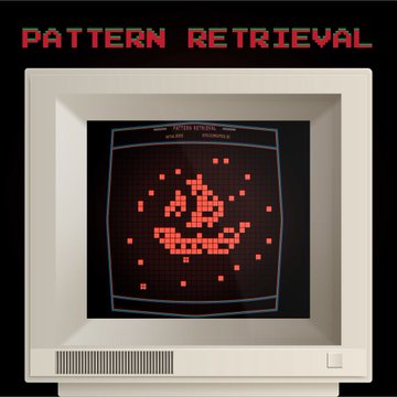 The image features a computer monitor with a retro-style design, displaying a pattern of red squares arranged in a grid. The background of the screen is black, which contrasts with the white frame surrounding the monitor. In the bottom right corner of the image, there's text that reads "pattern retrieval".
