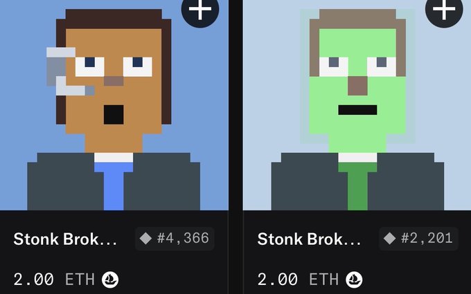 Two pixel-art NFT profile pictures listed for 2.00 ETH each, both labeled "Stonk Brok..." with serial numbers #4,366 and #2,201, depicting blocky characters with glasses.