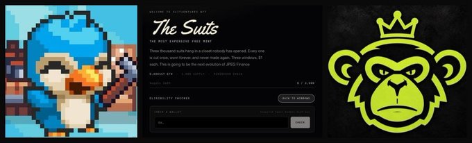 Three-panel promotional image featuring a pixel-art blue monkey, a website page titled 'The Suits' advertising JPEG Finance NFT collection, and a green crowned gorilla logo.