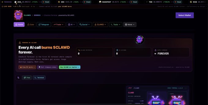 Screenshot of the CLAWD token page on a crypto trading platform, showing details like 'Every AI call burns $CLAWD forever' with token metrics including 0 burns and FOREVER supply schedule.