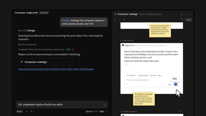 A dark-themed AI assistant interface showing a 'Composer usage audit' task with a redesigned version of Claude's Composer feature displayed on the right side.