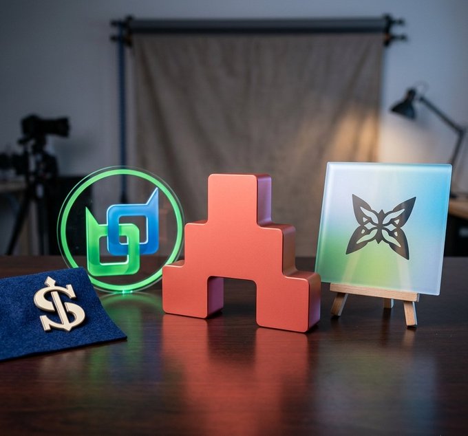 A stylized 3D rendering on a wooden desk featuring a blue cap with a white '$', a glowing circular 'bd' logo, a coral-colored geometric shape, and a glowing butterfly icon on an easel.