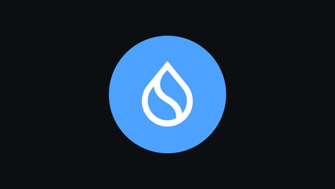 The Sui cryptocurrency logo, a stylized water drop, displayed in white within a light blue circle on a black background.
