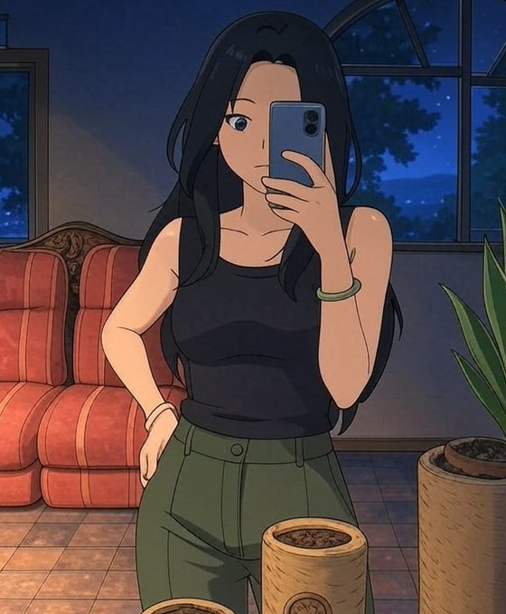 An illustrated image showing a woman with long black hair taking a selfie with a smartphone in a dimly lit living room with a red striped sofa and a window showing twilight outside.