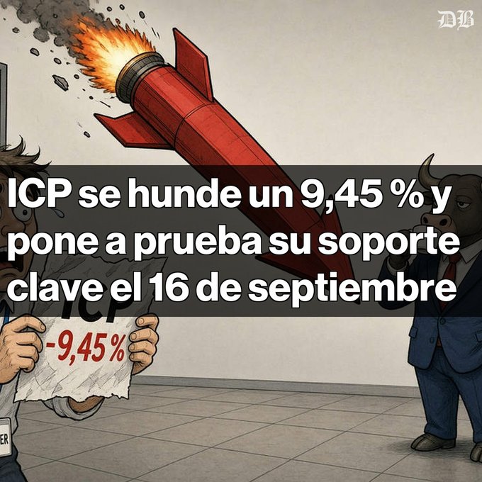A cartoon illustration from Diario Bitcoin (DB) shows a falling rocket labeled "ICP" and characters holding a sign reading "-9,45%", with the headline "ICP se hunde un 9,45 % y pone a prueba su soporte clave el 16 de septiembre."