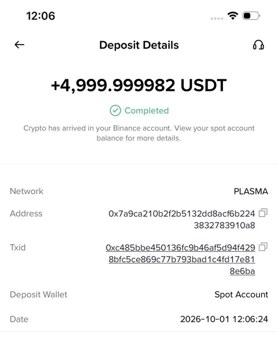 The image shows a Binance app screenshot displaying a completed deposit of +4,999.999982 USDT via the PLASMA network to a Spot Account, with transaction ID 0xc485bbe450136fc9b46af5d94f4298bfc5ce869c77b793bad1c4fd17e818e6ba on October 1, 2026. This serves as proof of the user loading $5,000 USDT for their "UpTober Giveaway" mentioned in the post.