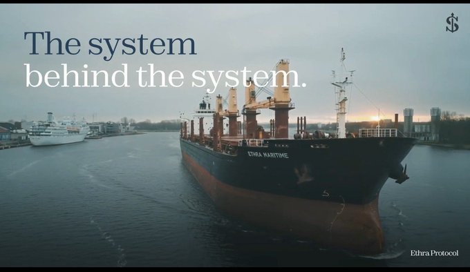 A promotional image for 'Ethra Protocol' showing a large cargo ship sailing down a waterway, accompanied by the text 'The system behind the system.'