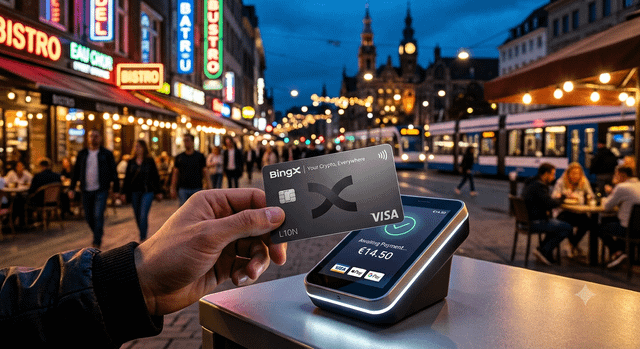 Person tapping a BingX Visa card on a payment terminal showing $14.50, set against a vibrant evening street scene with neon bistro signs and a tram.