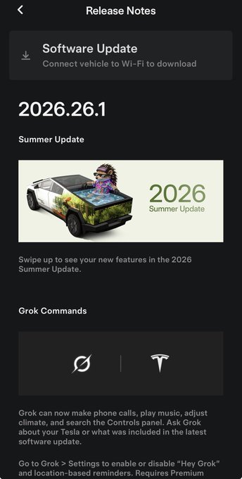 A Tesla software update screen showing 'Release Notes' for version 2026.26.1 'Summer Update' featuring a Cybertruck image and information about new Grok Commands capabilities.