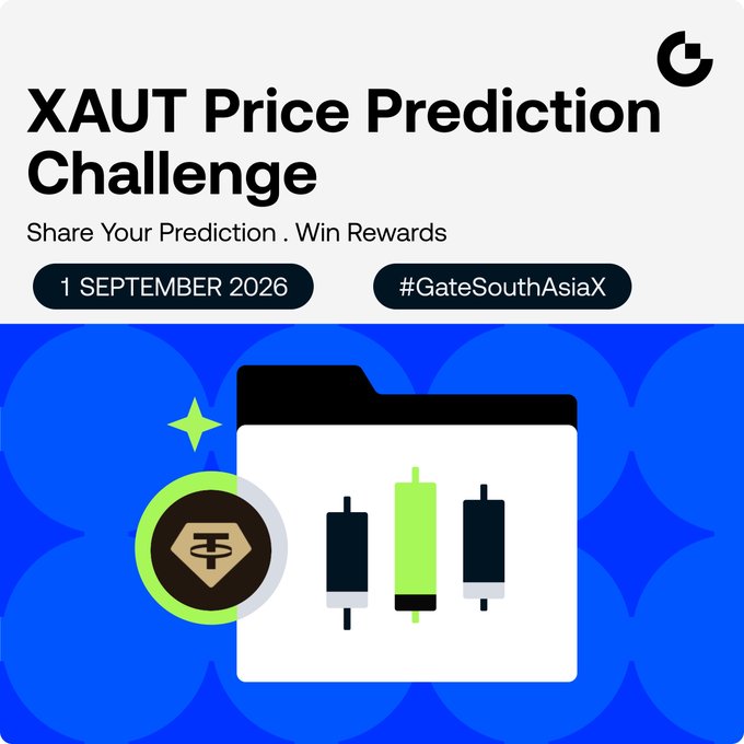 A promotional graphic for a 'XAUT Price Prediction Challenge' dated '1 SEPTEMBER 2026' with the hashtag '#GateSouthAsiaX' and an icon of candlestick charts.