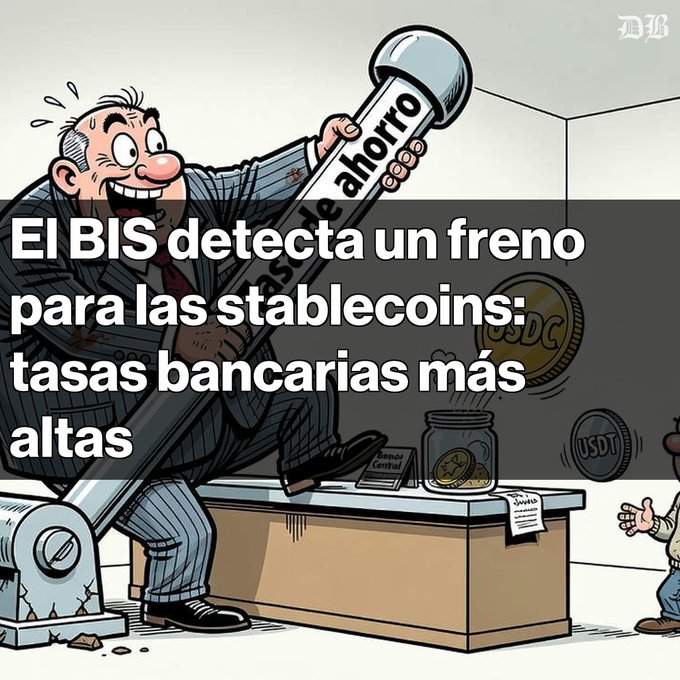 An editorial illustration showing a cartoon man pulling a giant lever labeled 'aumento ahorro,' with overlaid text reading 'El BIS detecta un freno para las stablecoins: tasas bancarias más altas.'