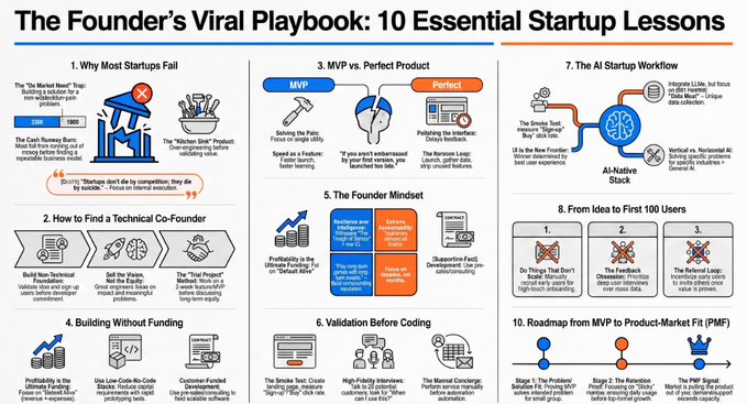 An infographic titled "The Founder's Viral Playbook: 10 Essential Startup Lessons" featuring sections on market failure, finding co-founders, MVP, AI startup workflow, and product-market fit.