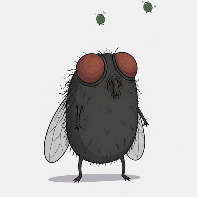 A cartoon illustration of a large, hairy black fly with big reddish-brown compound eyes standing on a white background, with two small green insect characters in the upper area.