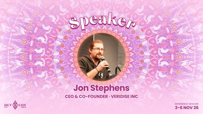 A speaker promotional graphic for Jon Stephens, CEO & Co-Founder of Veridise Inc, with decorative purple mandala patterns and DevCon India event details showing "Experience DevCon 3-6 Nov 26".