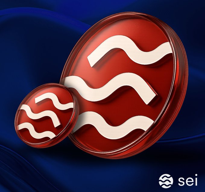 A 3D rendering of two glossy red cryptocurrency coins embossed with the Sei network's wavy logo against a dark blue background, with the 'sei' wordmark in the bottom right.