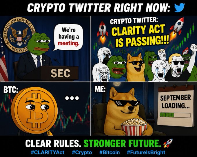 A four-panel meme captioned 'CRYPTO TWITTER RIGHT NOW', featuring Pepe the Frog as the SEC announcing a meeting, Doge celebrating 'CLARITY ACT IS PASSING!!!', a tired Bitcoin coin, and Doge watching popcorn with a 'SEPTEMBER LOADING...' progress bar.