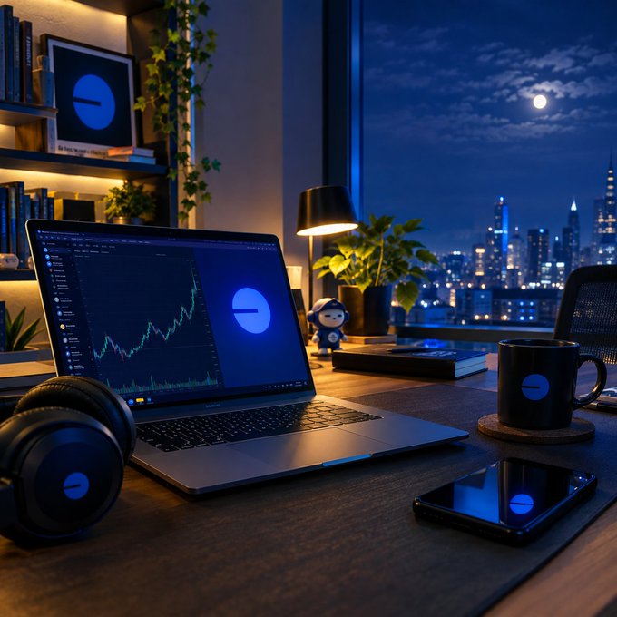 A nighttime desk setup features a laptop displaying a blue line graph and a minus sign logo, alongside headphones, a mug, and a phone, all with the same minus sign motif, overlooking a city skyline.