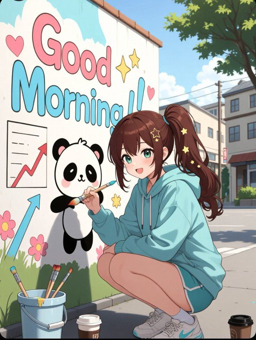 A cheerful anime-style illustration of a girl in a teal hoodie crouching beside a mural that says 'Good Morning!!' alongside a cartoon panda, a rising stock chart, and a bucket of paintbrushes.