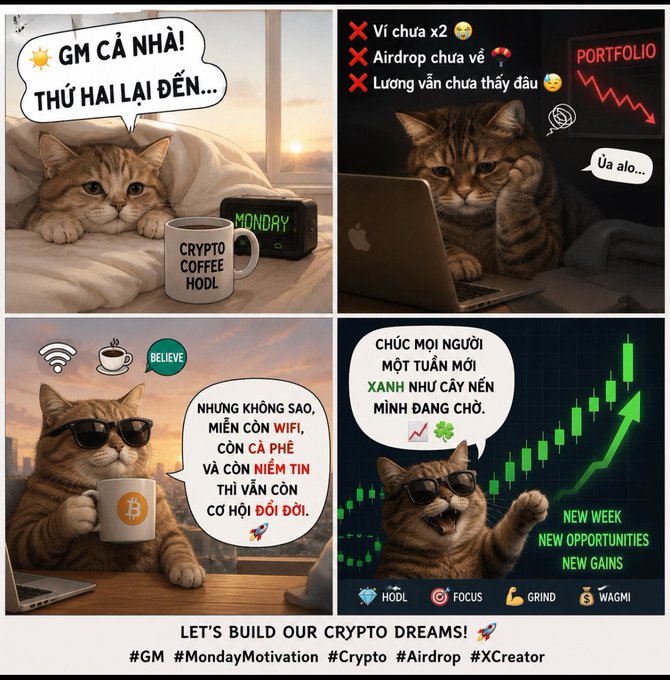 A four-panel meme featuring a cat in various crypto-related situations with Vietnamese text, including panels about Monday motivation ("GM CẢ NHÀ"), a sad portfolio, and wishing for a green week ("XANH NHƯ CÂY NÉN").