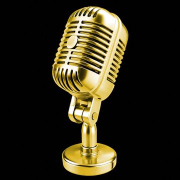 A shiny gold vintage-style microphone on a stand against a black background, symbolizing the voice-cloning technology behind the $VOICEBOX Solana project referenced in the post. The retro microphone imagery evokes the concept of voice generation, aligning with the project's roots in an open-source voice cloning desktop app.