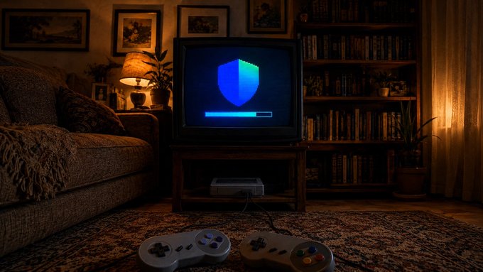 A dimly lit living room features a CRT television displaying a blue shield icon above a loading bar, with two retro game controllers on the patterned rug below. The scene humorously illustrates the post's claim that "there is no loading screen with self custody" by juxtaposing the visual metaphor of a loading screen against a comfortable home entertainment setting.