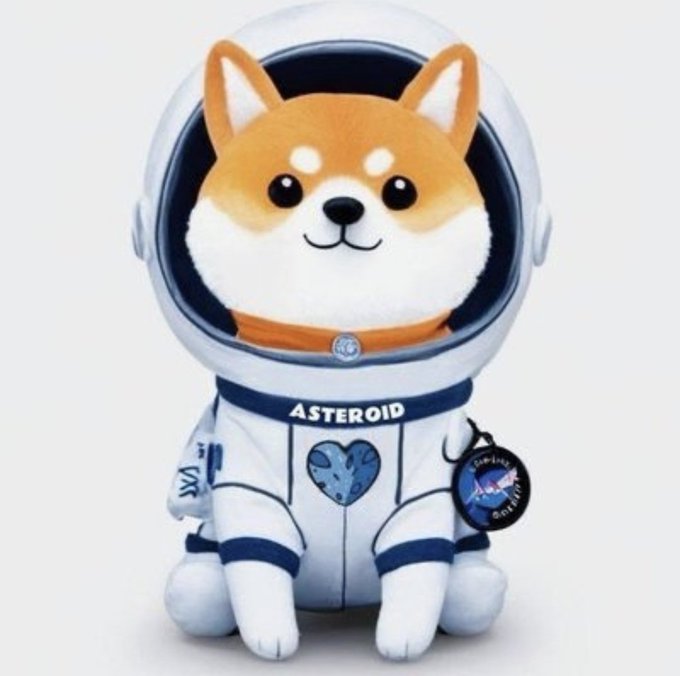 A plush toy of a Shiba Inu dog wearing a white astronaut suit with the word 'ASTEROID' on the chest and a heart-shaped logo.