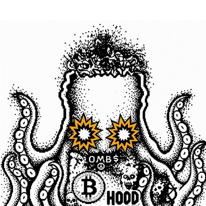 A black-and-white illustrated octopus-like creature with wide manic eyes and tentacles serves as the mascot, featuring "OM$" on a collared tag and "HOOD" text at the bottom, alongside small skulls and a Bitcoin (₿) coin. The chaotic, caffeine-fueled imagery humorously matches the post's "gm" morning greeting and optimistic declaration that "today will be a good day," evoking the wild-eyed energy of crypto traders starting their day.