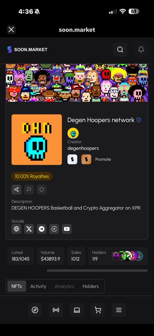 A screenshot from soon.market showing the 'Degen Hoopers' NFT collection on XRP with 183/1045 listed, $43893.9 volume, and a skull-themed pixel art icon.