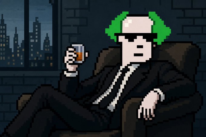 A pixel art image depicting a character with bright green hair wearing a suit and sunglasses, sitting in a chair and holding a glass of liquor in front of a city skyline at night.