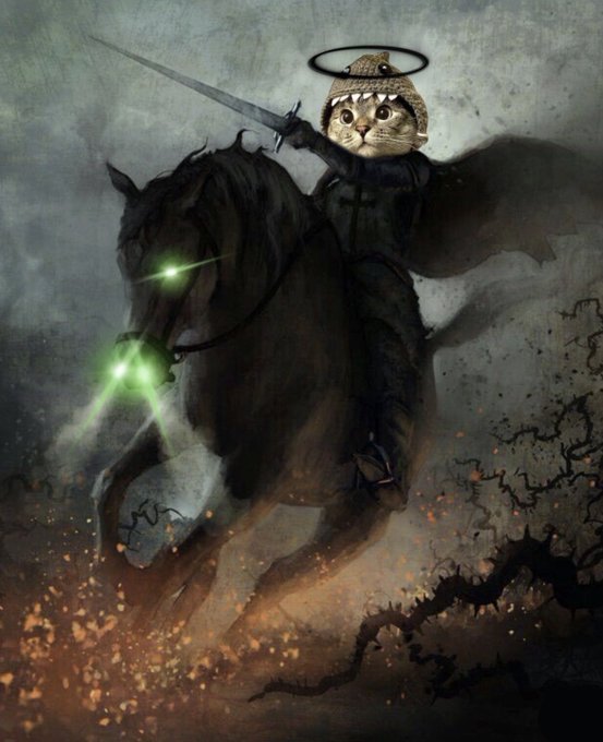 A dark fantasy illustration of a cat knight wearing a halo and knight's armor riding a dark horse with glowing green eyes through a smoky battlefield.
