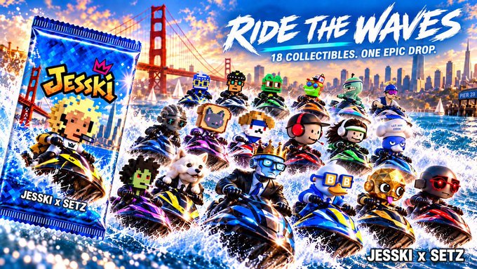 Promotional artwork for a 'JESSKI x SETZ' NFT collection titled 'Ride the Waves', featuring 18 collectibles including characters on jet skis with the Golden Gate Bridge in the background.