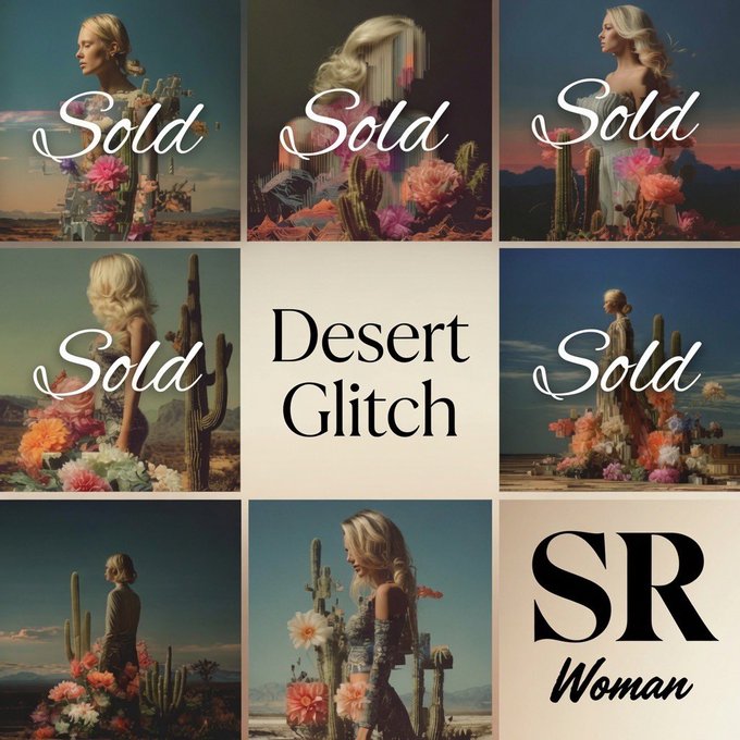 A 3x3 grid showcasing 'Desert Glitch' artwork from 'SR Woman,' featuring a blonde woman in a desert landscape with cacti and flowers; most panels are labeled 'Sold,' with the bottom right showing the 'SR Woman' logo.