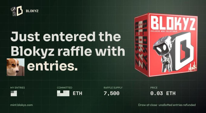The image shows a confirmation of entry into the Blokyz raffle with 7,500 entries at 0.03 ETH each, featuring the Blokyz mascot on a red collector's box. The caption humorously echoes the post's sentiment by showing the user has joined the raffle against 200+ entries, hopeful and wishing themselves luck.