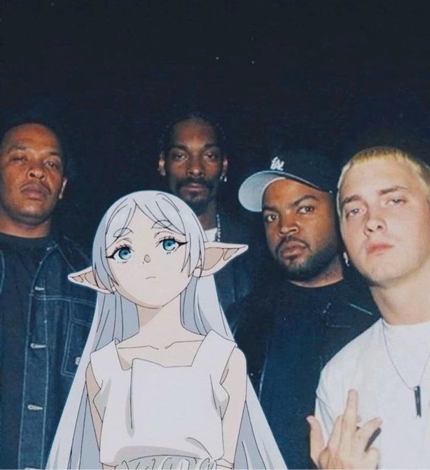 A creative composite image featuring an anime elf character with pointed ears and silver hair inserted into a group photo with Dr. Dre, Snoop Dogg, DJ Muggs, and Eminem, parodying their classic hip-hop era photo.