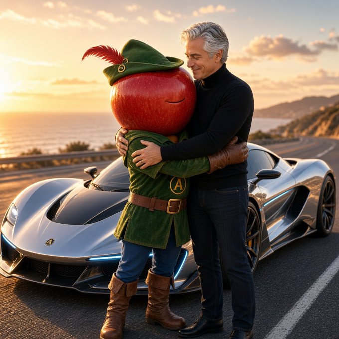 A surreal image of a man in a black turtleneck hugging a person with an apple for a head wearing a green hat and medieval-style tunic, posed in front of a silver Lamborghini on a coastal highway at sunset.