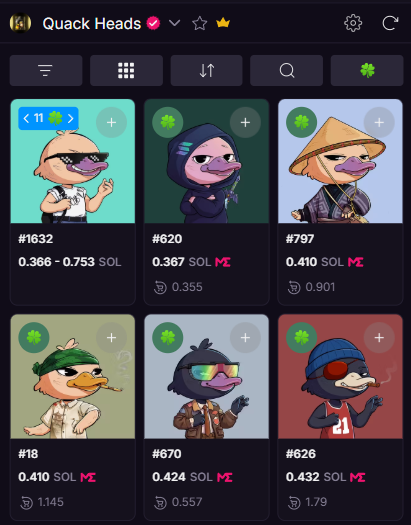 A mobile app interface displaying a collection called 'Quack Heads' with six cartoon duck character NFTs, each with prices listed in SOL (Solana) such as 0.366 - 0.753 SOL for #1632 and 0.432 SOL for #626.