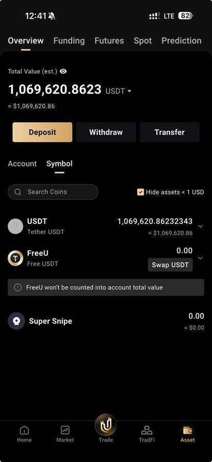A mobile app screenshot displays a cryptocurrency wallet with a 'Total Value (est.)' of '1,069,620.8623 USDT'. The asset list shows Tether USDT with a matching balance, alongside zero balances for 'FreeU' and 'Super Snipe'.